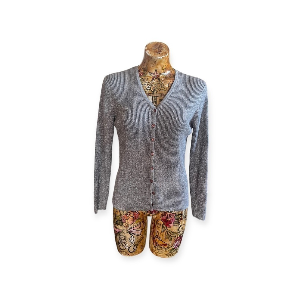 Style & Co Petite Cardigan sweater button front silver long sleeve medium